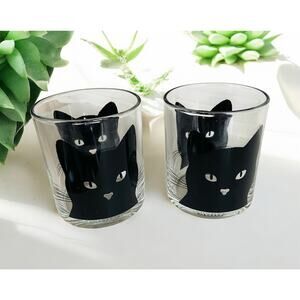 NEW Stunning Black Cat Cats Glass Tumblers Set of 2 Drink 14.5 oz Glasses